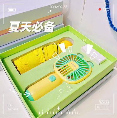 Neuheit Geschenke Kühle Sommergeschäft Geschenkbox Set Cartoon Handheld Fan Schirm