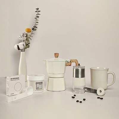 Seidenbildschirmdruck Kaffeekiste mit Mocha-Töpfe sechs Stück Set und Handschleifmaschine