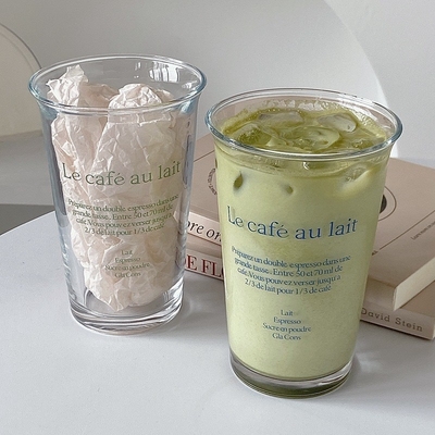 350 ml Ins Fashion Text Druck Glasbecher für Retro-Wasserbecher Eis Kaffee Latte Tee Saft Becher