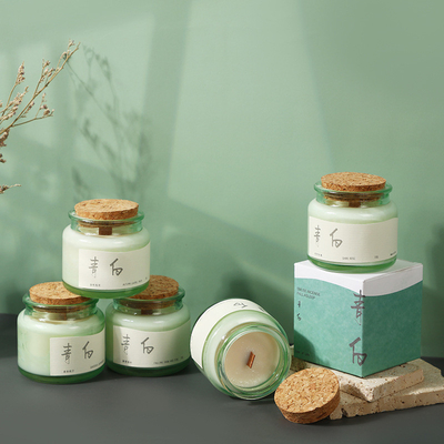 2 Farbgrafik Druck auf Holzkork Grüner Becher Aromatherapie Kerze für Nischenveranstaltung