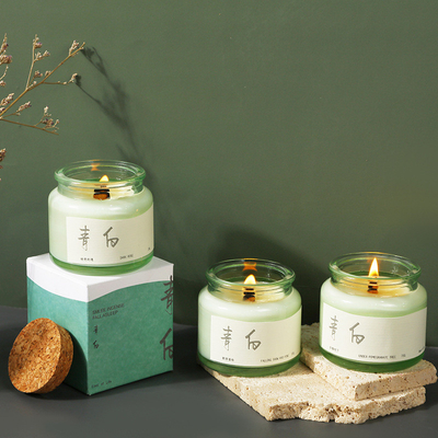 2 Farbgrafik Druck auf Holzkork Grüner Becher Aromatherapie Kerze für Nischenveranstaltung