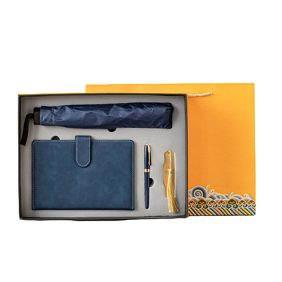 Vierstückiges Geschäftsgeschenkset Notizbuchstift Buchmarke und Regenschirm mit individuellem Logo