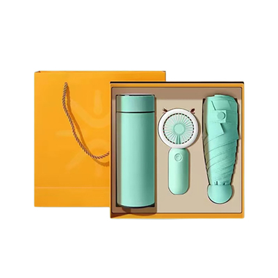 Präsentation Geschenk Set Ventilator Regenschirm und Thermosbecher perfekt für Sommeraktivitäten
