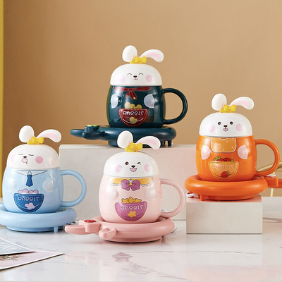 Sammlerliche hübsche Kaninchen Thermostatik Tasse Set Aufheizung Warm Tasse und Warm Coaster