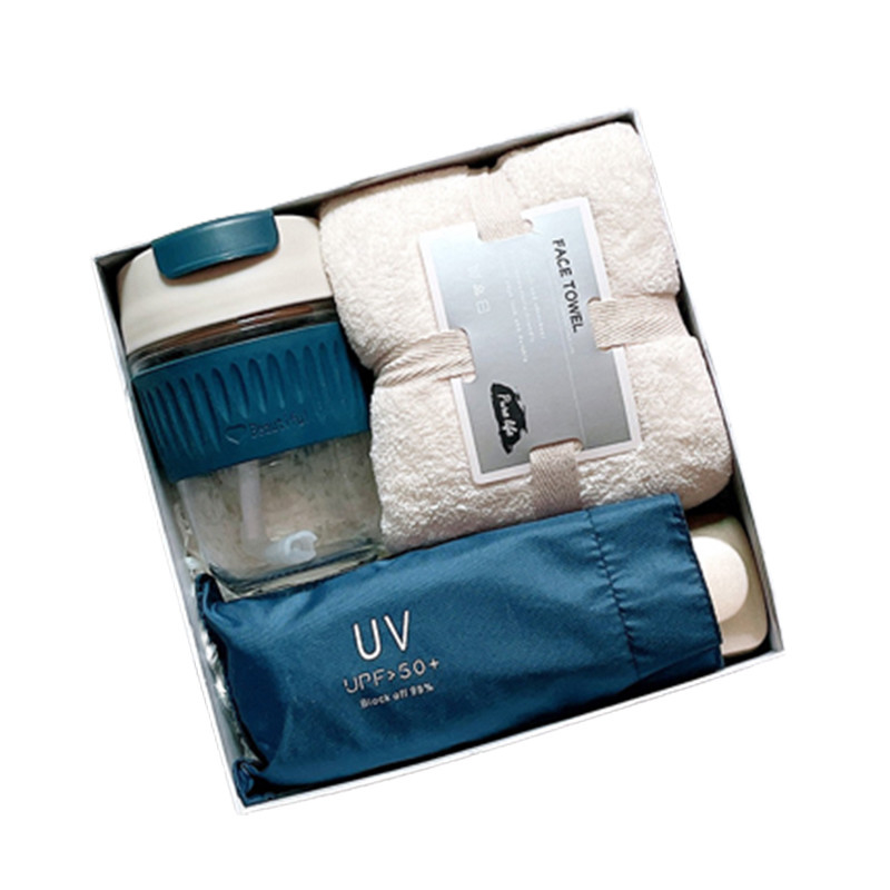 Silk Screen gedruckte Geschenk Set Glas Wasserbecher Schwarzer Gummi Schirm Korallen Plush Handtuch