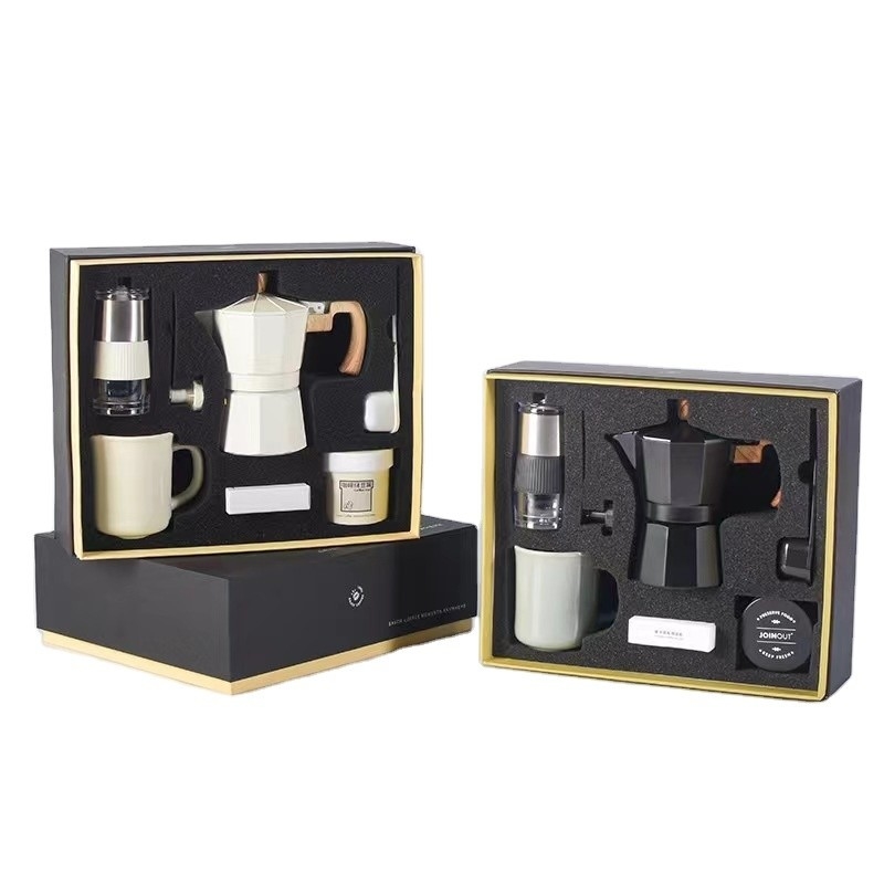 Seidenbildschirmdruck Kaffeekiste mit Mocha-Töpfe sechs Stück Set und Handschleifmaschine
