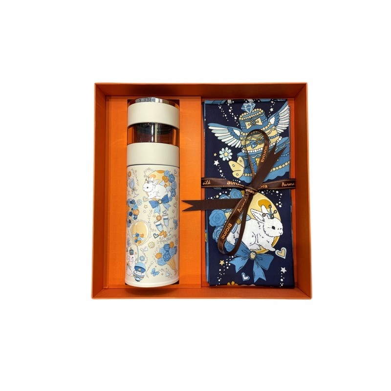 April Fools Day Geschenkbox Seidenhandtuch Tee Trennung Thermos Tasse Set für Reisebüro