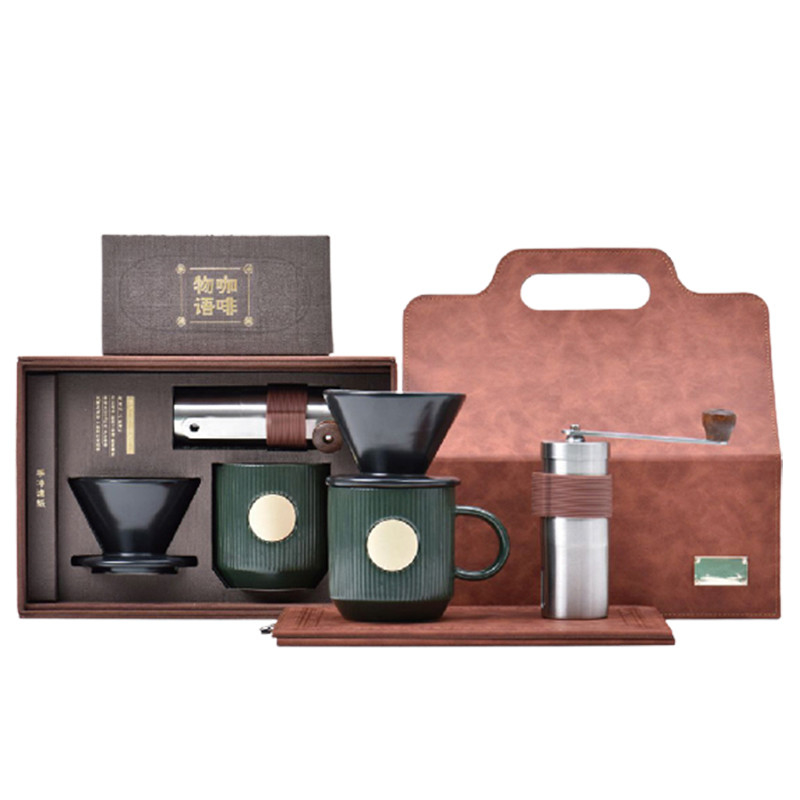 Geschäftsgeschenk Handschachtel mit Bohnenmahlgerät Keramikfilterbecher und Keramik Kaffeetasse